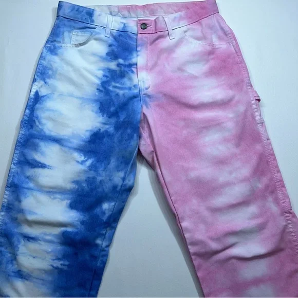 Dickies Tie Dyed Painter Pants Mens Size 34x34 Pink Blue Denim Carpenter